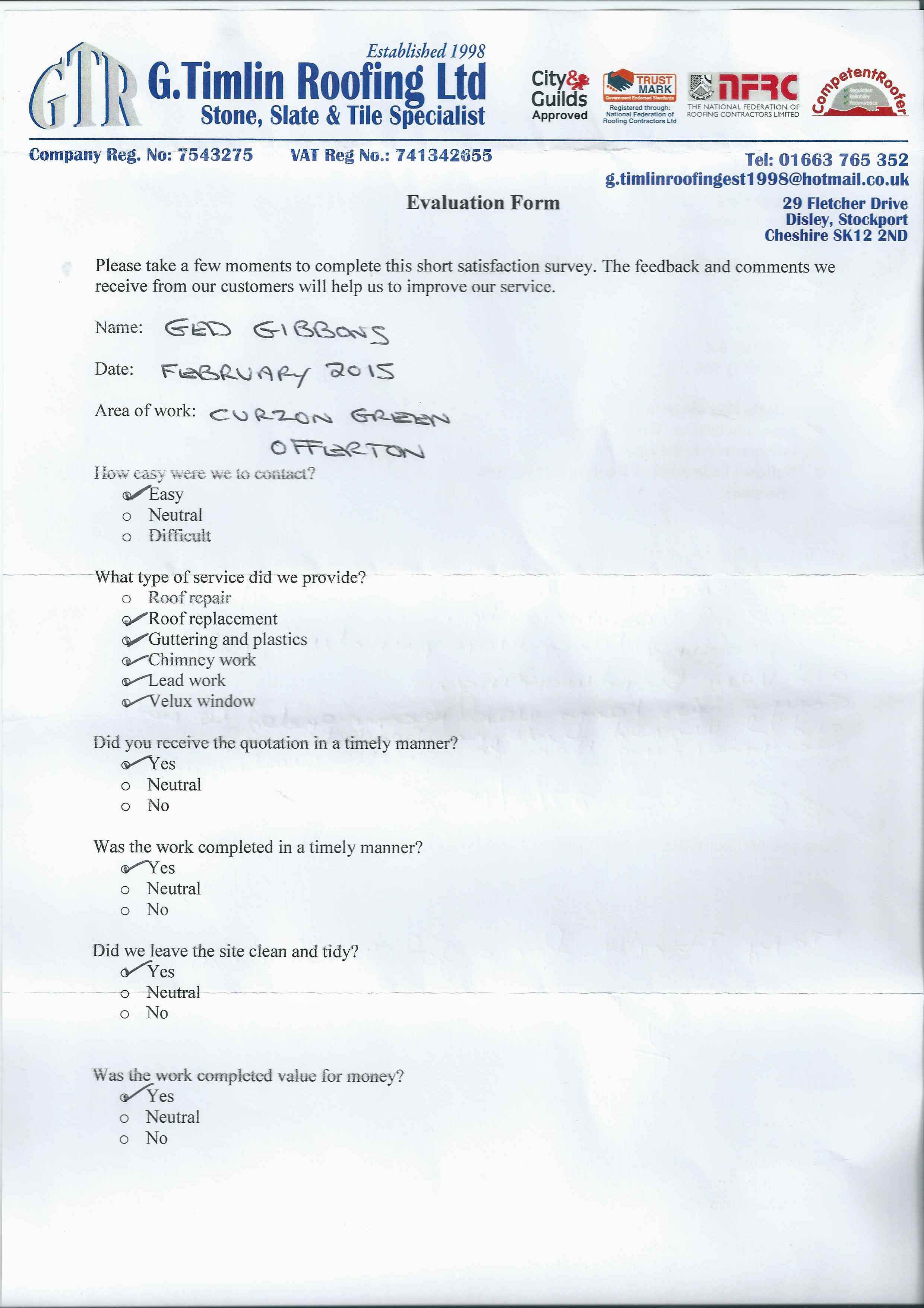 testimonial, Re-Roofing, Lead Work, Chimney Stacks, Plastics, Repairs and Maintenance, Stockport, Cheshire, High Peak, G Timlin Roofing